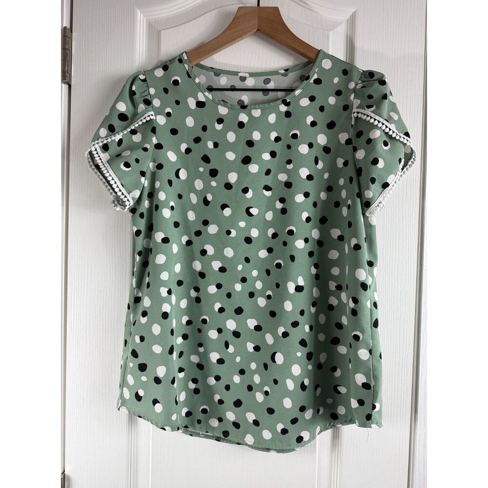 Shein Women's Petal Sleeve Blouse Top Green Black White Dot Print Size S Small